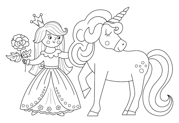 Princesa vectorial de cuento de hadas en blanco y negro con unicornio y rosa Chica de fantasía con corona Página para colorear Criada de cuento de hadas de línea medieval Ícono mágico de dibujos animados femeninos con un personaje lindoxA