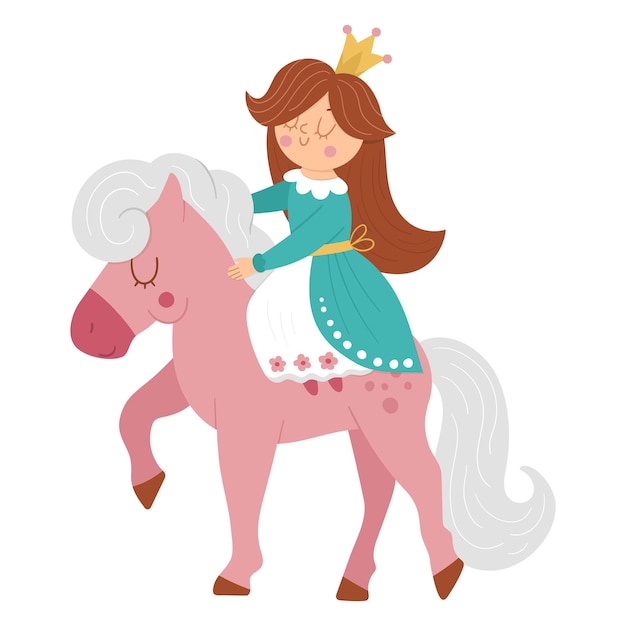 Vector princesa vectorial de cuento de hadas montando un caballo rosa chica de fantasía en corona aislada sobre fondo blanco sirvienta de cuento de hadas medieval ícono mágico de dibujos animados femeninos con carácter lindoxa