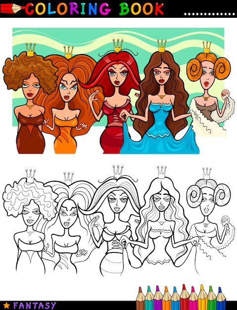 Vector princesas de fantasía o reinas para colorear