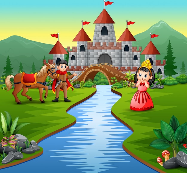 Vector princesita y príncipe en el hermoso paisaje.