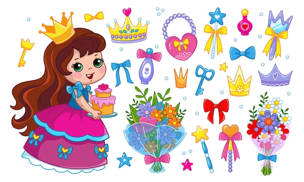 Vector una princesita con un vestido rosa esponjoso sostiene un pastel conjunto de accesorios bolsos corona ramo