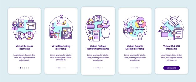 Principales áreas de pasantías virtuales que incorporan la pantalla de la página de la aplicación móvil. negocios, tutorial de marketing, instrucciones gráficas de 5 pasos con conceptos. ui, ux, plantilla de vector gui con ilustraciones en colores lineales