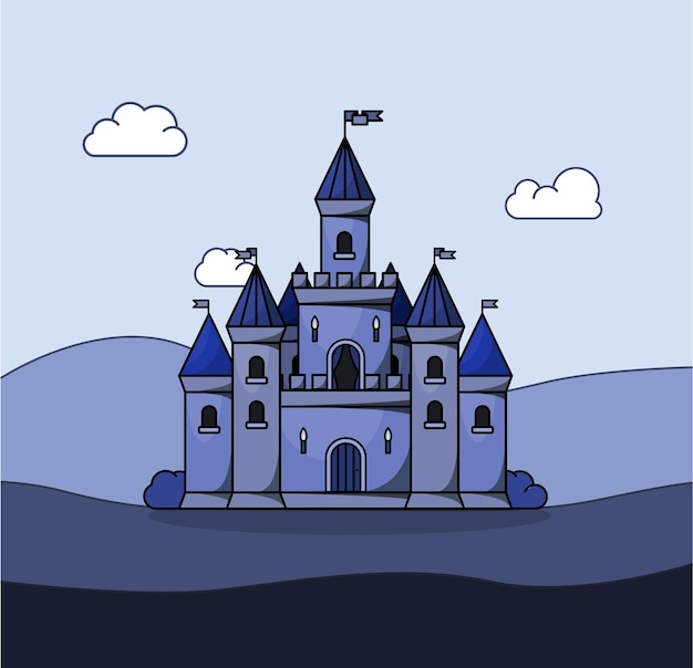 Príncipe azul castillo vectorial medieval icono de la torre del castillo del cuento de hadas de dibujos animados