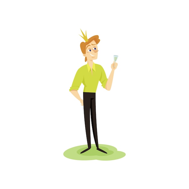 Príncipe moderno en ropa casual y corona de oro divertido joven personaje cómico vector de dibujos animados ilustración sobre un fondo blanco