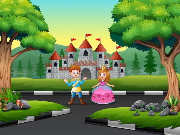 Príncipe y princesa felices en un paisaje de castillo