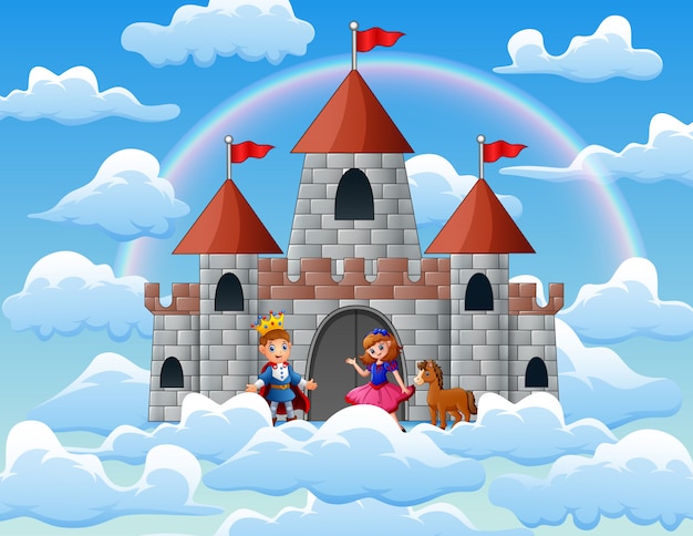 Vector príncipe y princesa en un palacio de cuento de hadas en las nubes