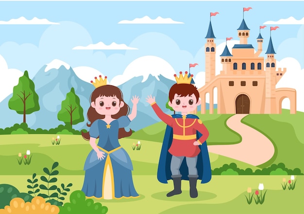 Vector príncipe y reina frente al castillo con palacio y paisaje de cuento de hadas en ilustración de dibujos animados