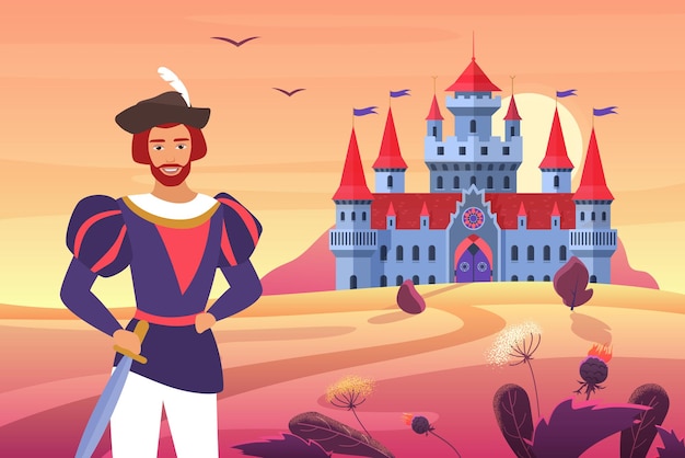Príncipe en ropa medieval de pie junto al castillo de fantasía en un paisaje de cuento de hadas