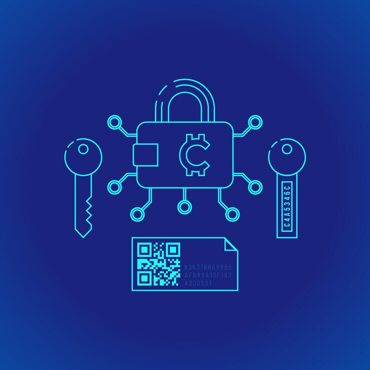 Vector el principio de seguridad de la billetera de criptomoneda blockchain de diseño de esquema cian vectorial explica el icono de ilustración de esquema aislado fondo azul