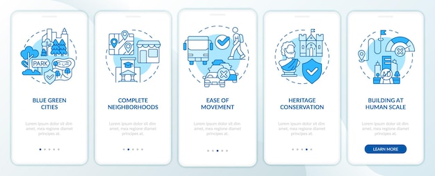 Principios de diseño urbano pantalla de aplicación móvil de incorporación azul tutorial de crecimiento de la ciudad páginas de instrucciones gráficas de 5 pasos con conceptos lineales plantilla de gui ui ux myriad probold fuentes regulares utilizadas