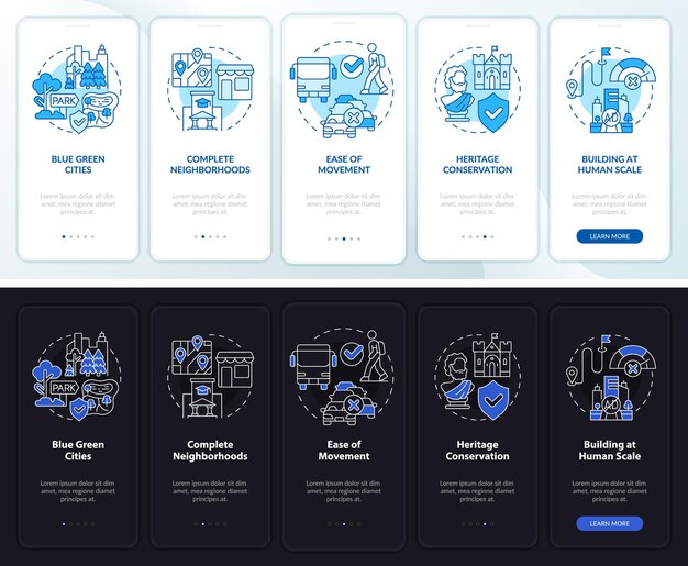 Principios de diseño urbano pantalla de aplicación móvil de incorporación de modo día y noche recorrido de 5 pasos páginas de instrucciones gráficas con conceptos lineales ui ux plantilla de gui myriad probold fuentes regulares utilizadas