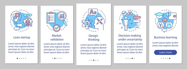 Principios de inicio que incorporan la pantalla de la página de la aplicación móvil con conceptos lineales. Instrucciones gráficas de pasos de tutorial de construcción de negocios. UX, UI, plantilla de vector de GUI con ilustraciones