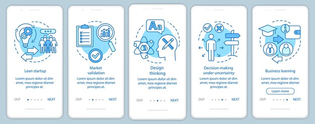 Principios de inicio que incorporan la pantalla de la página de la aplicación móvil con conceptos lineales. Instrucciones gráficas de los pasos del tutorial de creación de empresas. UX, UI, plantilla vectorial GUI con ilustraciones