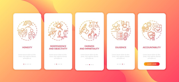 Principios de periodismo ético que incorporan la pantalla de la página de la aplicación móvil con conceptos. Honestidad, diligencia, equidad a través de cinco pasos instrucciones gráficas. Plantilla de interfaz de usuario con ilustraciones en color