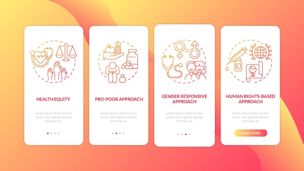 Los principios de los programas de salud incorporan la pantalla de la página de la aplicación móvil con conceptos. Enfoque basado en derechos humanos tutorial instrucciones gráficas de cuatro pasos. Plantilla de interfaz de usuario con ilustraciones en color