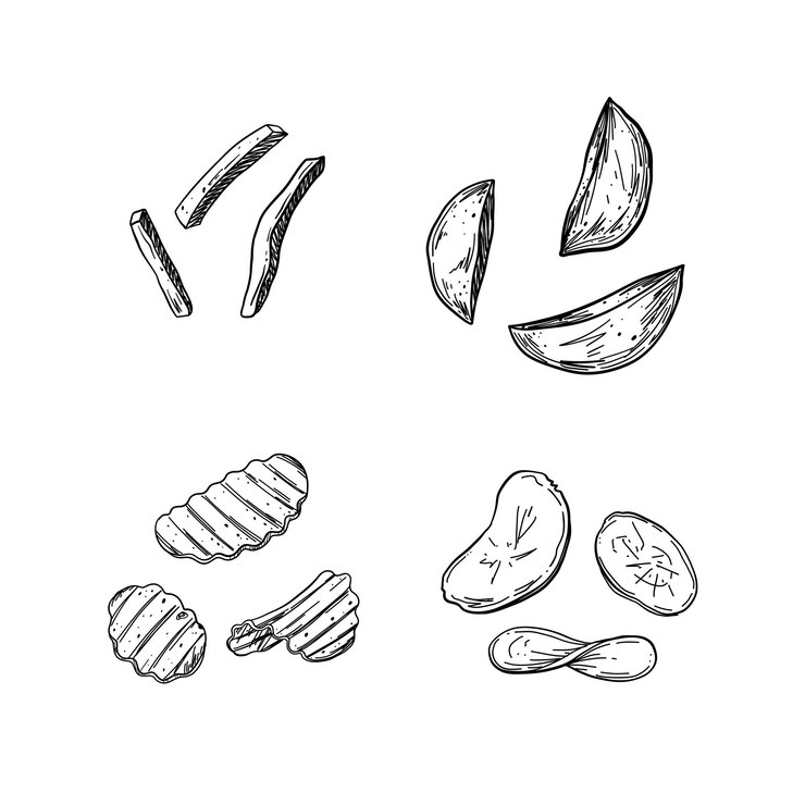 Vector principiosvarios tipos de patatas fritas patatas francesas fritas al estilo campesino patatas simples patatas con ranuras
