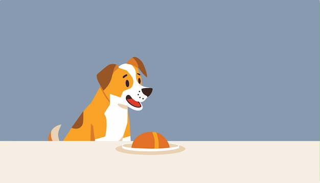 Print Little dog facing a bowl of food