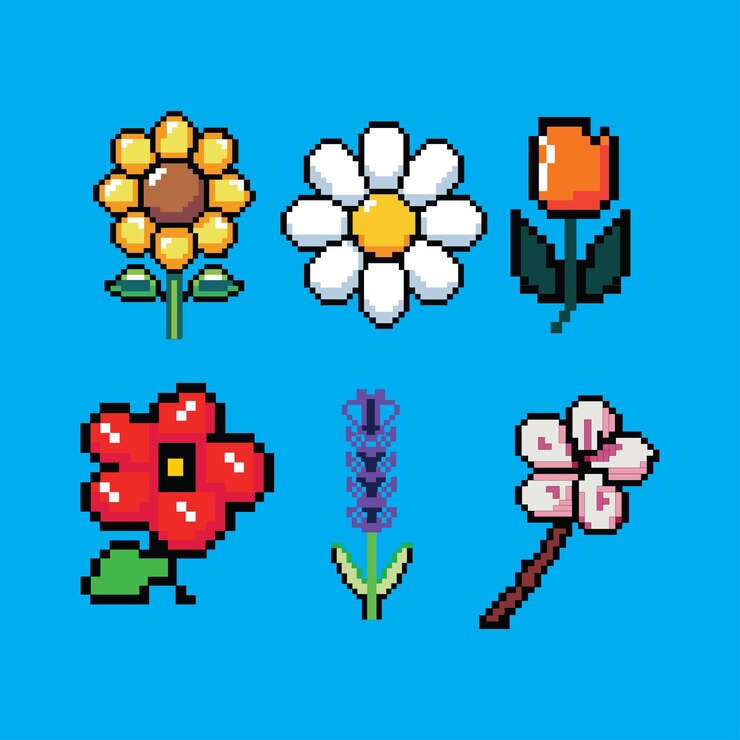 Vector priretro pixel art flower pack con coloridos iconos de estilo de 8 bits