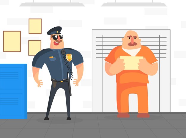 Vector un prisionero posando para una fotografía policial en uniforme naranja ilustración vectorial interior del departamento de policía