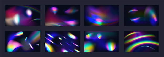 Prisma de llamarada de luz Brillo de arco iris Efecto de reflexión de cristal de color Diamante Espectro de rayos luminosos Superposición de fotos abstractas Desfocado borroso iridescente Fondo de gradiente vectorial establecido