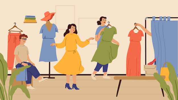 Probador Tienda de moda o outlet de chicas tiempo de compras Mujer en venta de vestidos en boutique ilustración vectorial