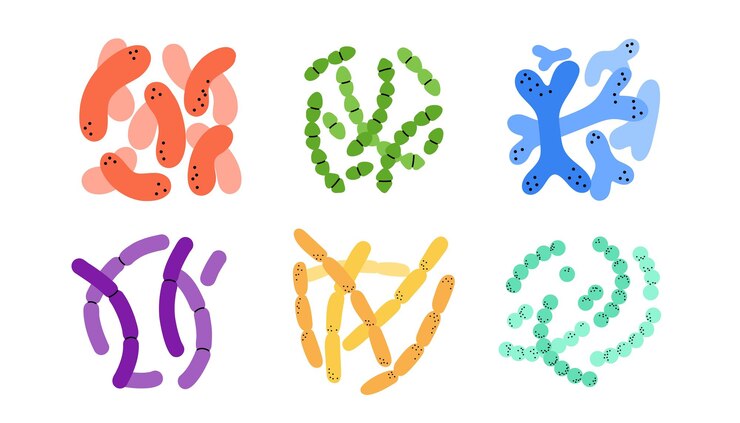 Vector probióticos diferentes microbiomas y microbiota coloridos bifidobacterium y lactobacillus suplementos elementos aislados vector de salud gastrointestinal ilustración aislada de estilo plano de dibujos animados
