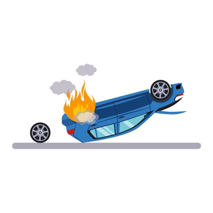 Vector problema de automóvil y transporte con burning car. ilustración vectorial plana