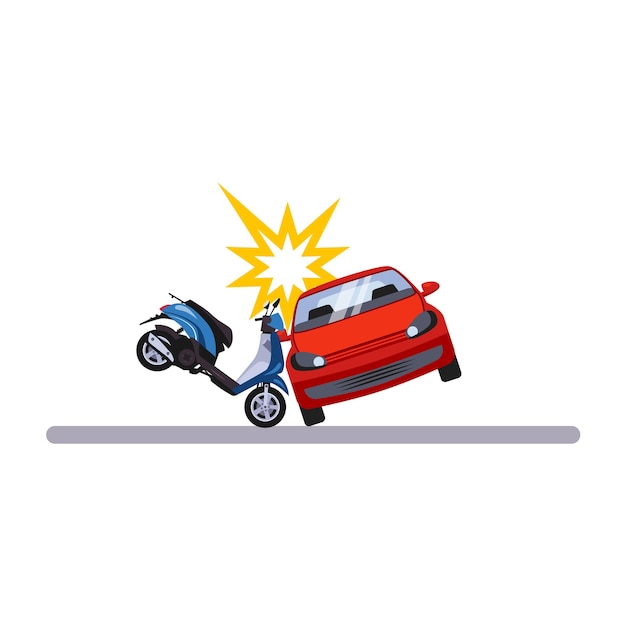 Problema de automóvil y transporte con un ciclomotor. Ilustración vectorial plana