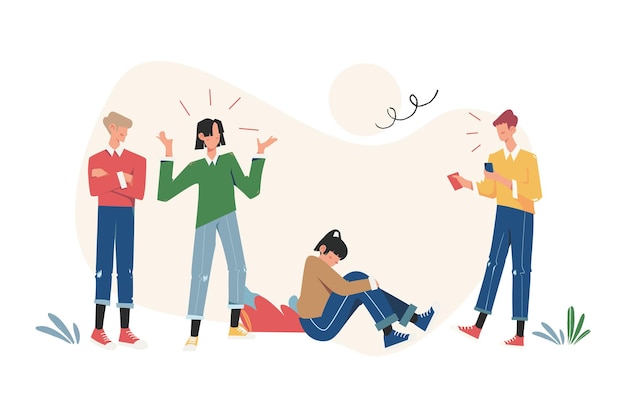 El problema del bullying, se sienta en el suelo rodeado de gente que se burla de él.