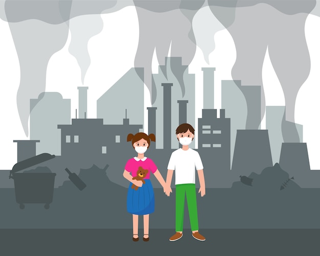 Problema de contaminación del aire en la gran ciudad. dos niños y silueta de ciudad moderna con rascacielos, fábricas y basura. contaminación del concepto de ciudades. ilustración de paisaje urbano.