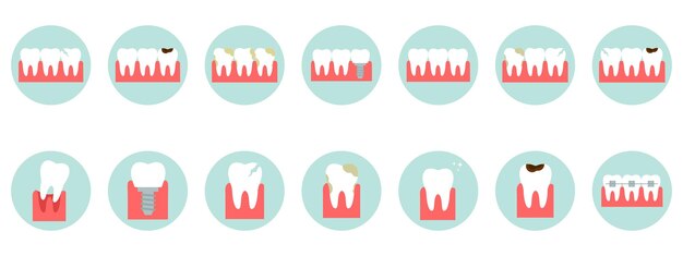 Problema dental Información sobre el cuidado dental Conjunto de iconos planos vectoriales