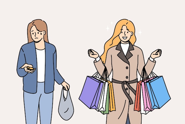 Problema de la desigualdad social entre la mujer rica con bolsas del supermercado y la chica pobre con monedas