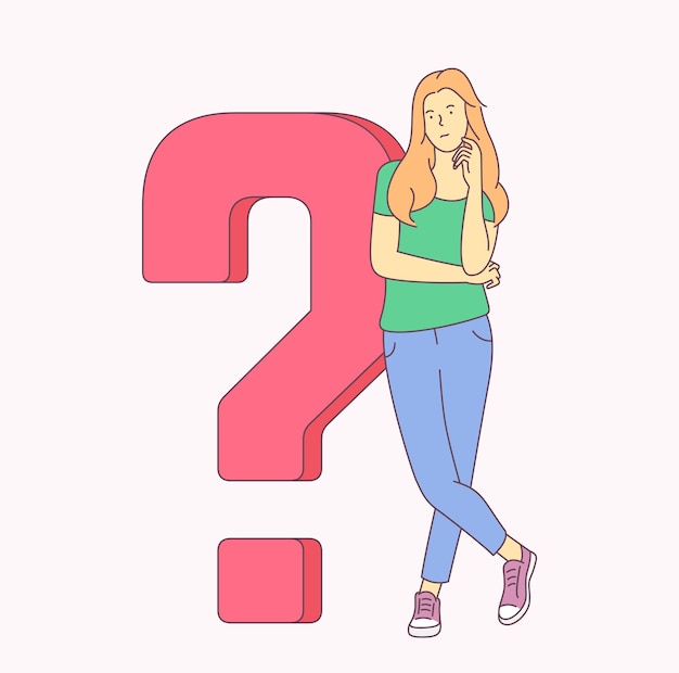 Problema, idea, lluvia de ideas, concepto de conjunto de éxito. Chica joven busca solución al problema. Plano
