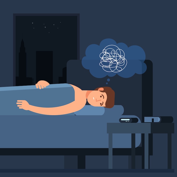 Vector problema de insomnio. carácter de vector de hombre soñoliento. fatidue, concepto de trastorno del sueño