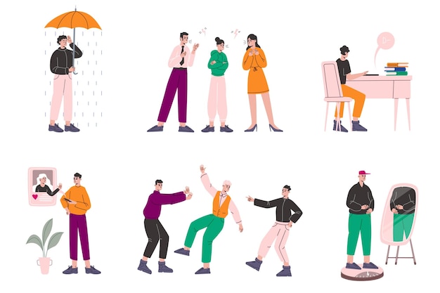 Problemas de adolescentes Hombres y mujeres introvertidos en desesperación Jóvenes emociones infelices Adolescentes preocupaciones y complejos Personas que sufren de acoso escolar o soledad Vector de alarmas y causas de adolescentes