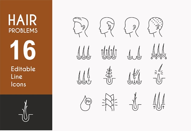 Problemas de cabello relacionados con iconos de contorno de trazo editables establecidos aislados en vector plano de fondo blanco
