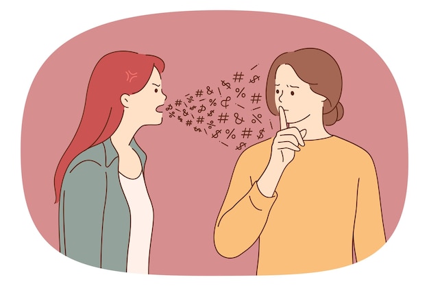 Problemas en el concepto de comunicación y conflicto Una mujer que se siente enojada gritando a otra chica que muestra un gesto de silencio con la ilustración del vector de la mano