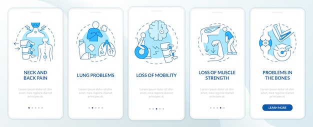 Problemas físicos para tratar la pantalla azul de la página de la aplicación móvil incorporada. Tutorial sanitario Instrucciones gráficas de 5 pasos con conceptos. UI, UX, plantilla de vector GUI con ilustraciones en colores lineales