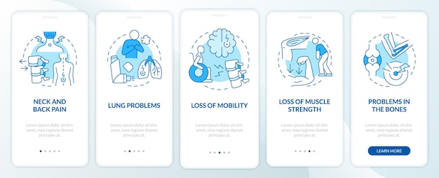 Problemas físicos para tratar la pantalla azul de la página de la aplicación móvil incorporada. tutorial sanitario instrucciones gráficas de 5 pasos con conceptos. ui, ux, plantilla de vector gui con ilustraciones en colores lineales