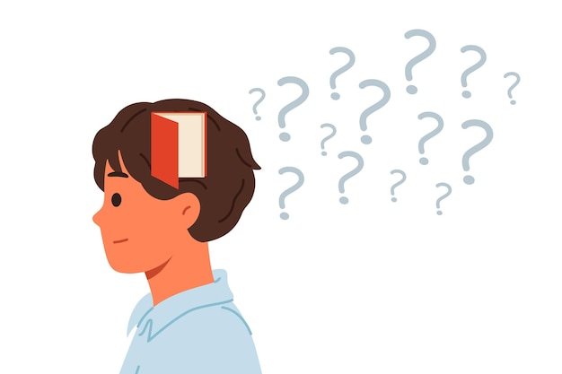 Problemas de memoria en el hombre de pie cerca de los signos de interrogación con la puerta en la cabeza que simboliza la enfermedad de Alzheimer