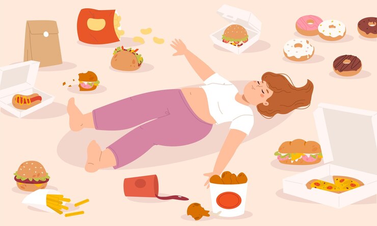 Vector problemas de nutrición niña joven comiendo en exceso y se encuentra entre varios alimentos chatarra bulimia y malos hábitos enfermedad mental mujer gorda feliz escena vectorial acogedora