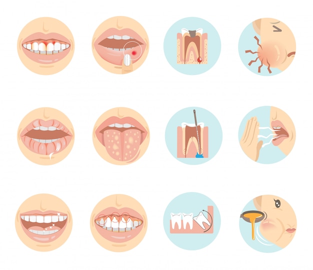 Problemas orales dientes y boca en un círculo.