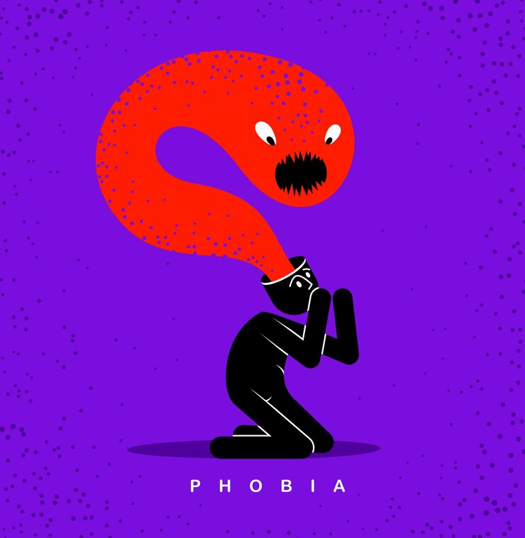 Vector problemas psíquicos como la fobia, la psicosis, la esquizofrenia, las alucinaciones, la ilustración del concepto vectorial en un estilo moderno y plano, la alegoría de la psiquiatría y la psicología, el hombre con un monstruo de la cabeza.
