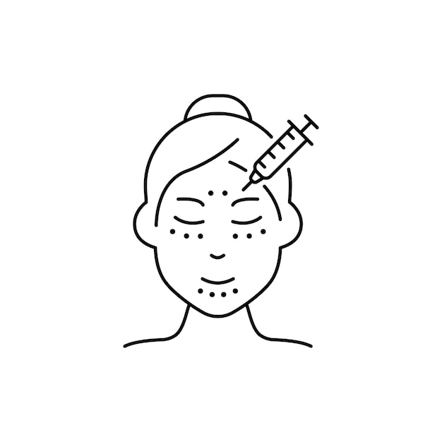 Procedimiento de cuidado de la piel antienvejecimiento para mujeres arrugas faciales línea icono mujer inyección de botox mesoterapia ácido y relleno contorno icono editable