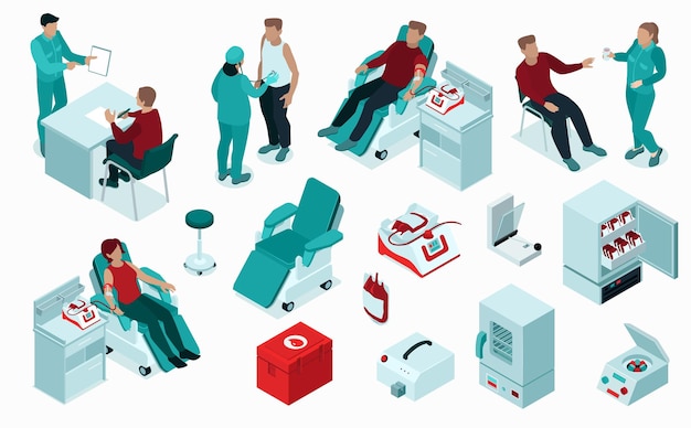 Procedimiento de donación de sangre conjunto isométrico con registro de detección kit de donantes colección monitor recuperación almacenamiento refrigeradores ilustración vectorial