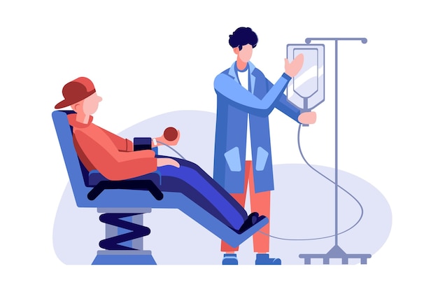 Procedimiento de donación de sangre Médico calificado que realiza extracción de sangre de un donante sano a través de un catéter intravenoso en una institución médica Ilustración vectorial