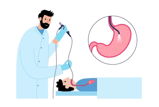 Procedimiento de gastroscopia El gastroenterólogo utiliza un gastroscopio Endoscopia de diagnóstico estomacal en la clínica Gastroenterología Infección gastrointestinal Enfermedad del tracto digestivo y tratamiento vector plano