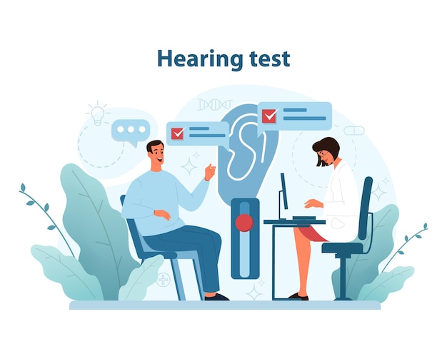 Vector procedimiento de prueba de audición ilustración detallada de un paciente sometido a una prueba audiométrica con un