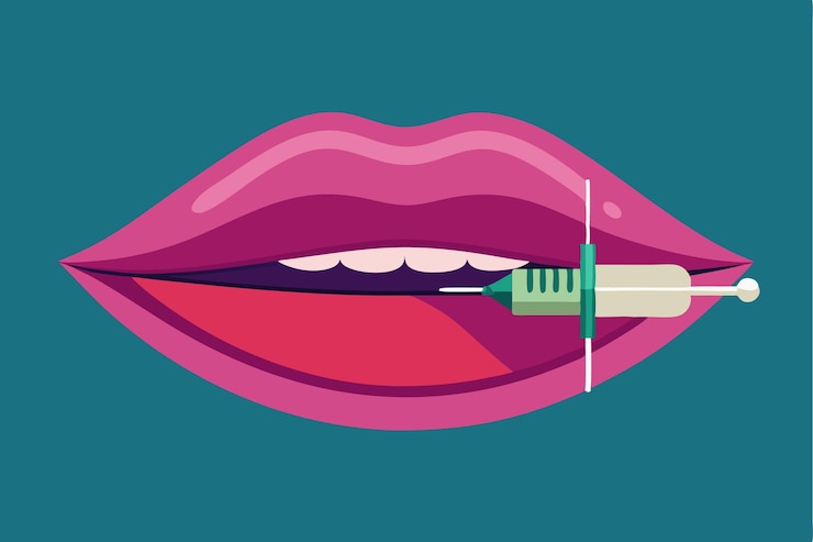 Vector un procedimiento de relleno labial semiplano muestra la aplicación de una jeringa en los labios para mejorar el relleno lipal personalizable ilustración semiplano