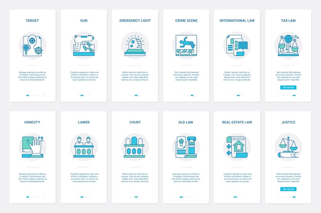 Procedimiento de sentencia del sistema legal de la corte UX UI onboarding pantalla de la página de la aplicación móvil